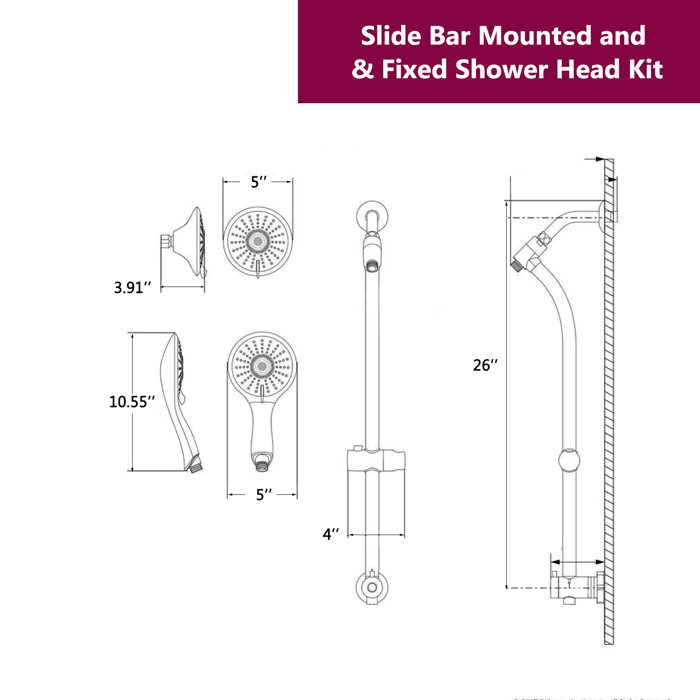 MAXWELL Slide Bar Combo Rain Showerhead 7Setting Hand, Dual Shower